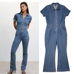 Denim Jumpsuit Girlish Los Angeles Blue Jean Wide Flare Leg Women's Size Large